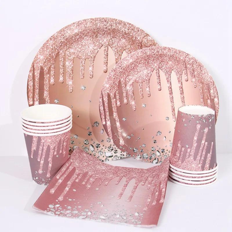 Rose Gold Birthday Decorations Disposable Tableware Set Paper Cup Adult Wedding Birthday Party Decorations Kids Baby